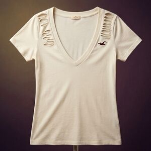 Hollister Cream V-Neck Tee with Shoulder Cutouts
